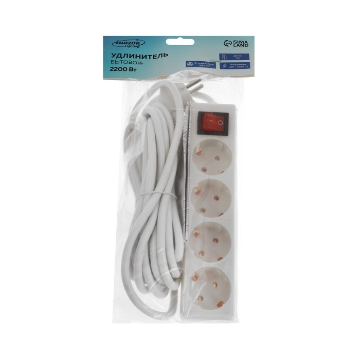 Удлинитель Luazon Lighting, 4 розетки, 5 м, 10 А, 2200 Вт, 3х1.5 мм2, с з/к, с выкл., Б Удлинитель Luazon Lighting, 4 розетки, 5 м, 10 А, 2200 Вт, 3х1.5 мм2, с з/к, с выкл., Б