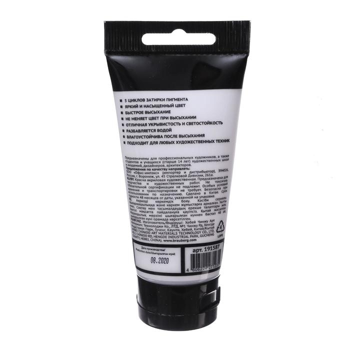 Краска акриловая художественная туба 75 мл, BRAUBERG белила цинковые Краска акриловая художественная туба 75 мл, BRAUBERG белила цинковые