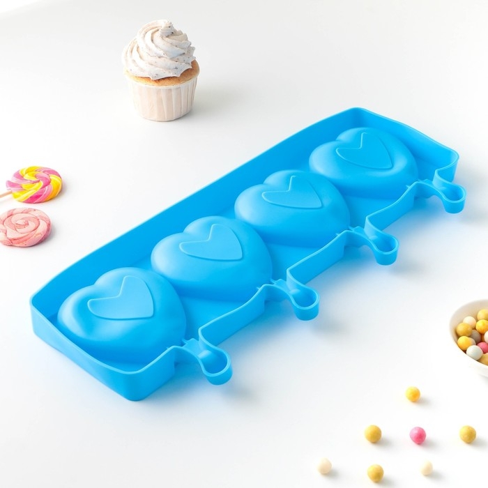 Форма для мороженого «Сердца», силикон, 37×15×2,5 см, 4 ячейки (9,2×8,4 см), цвет МИКС Форма для мороженого «Сердца», силикон, 37×15×2,5 см, 4 ячейки (9,2×8,4 см), цвет МИКС