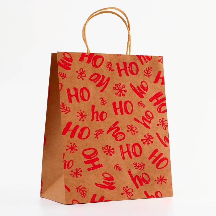 Пакет крафт с тиснением, круглая ручка, Пакет крафт с тиснением, круглая ручка, "Хо-Хо-Хо" 33 х 25 х 12 см, 120 г