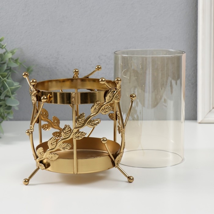 Подсвечник металл, стекло на 1 свечу "Веточки с шариками" d=10 см золото 14х17 см