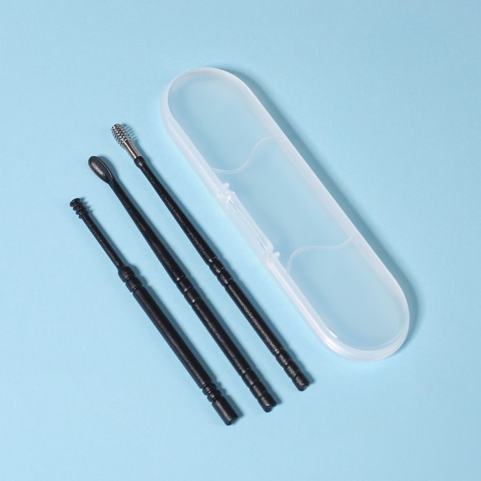 Набор для чистки ушей, 3 предмета, в пластиковом футляре, 10,5 × 3 × 1 см, цвет чёрный Набор для чистки ушей, 3 предмета, в пластиковом футляре, 10,5 × 3 × 1 см, цвет чёрный
