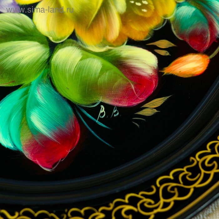 Поднос жостовский Поднос жостовский "Жёлтые розы", кружевной, автор Владыкина, 30х23 см, малый, овал