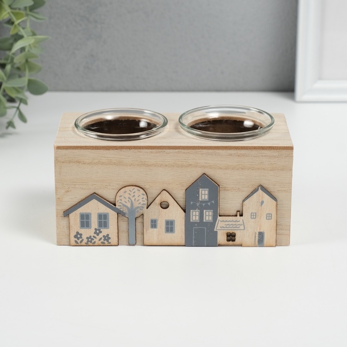 Подсвечник дерево на 2 свечи  Подсвечник дерево на 2 свечи "Домики" d=4 см 7,7х15,5х8 см