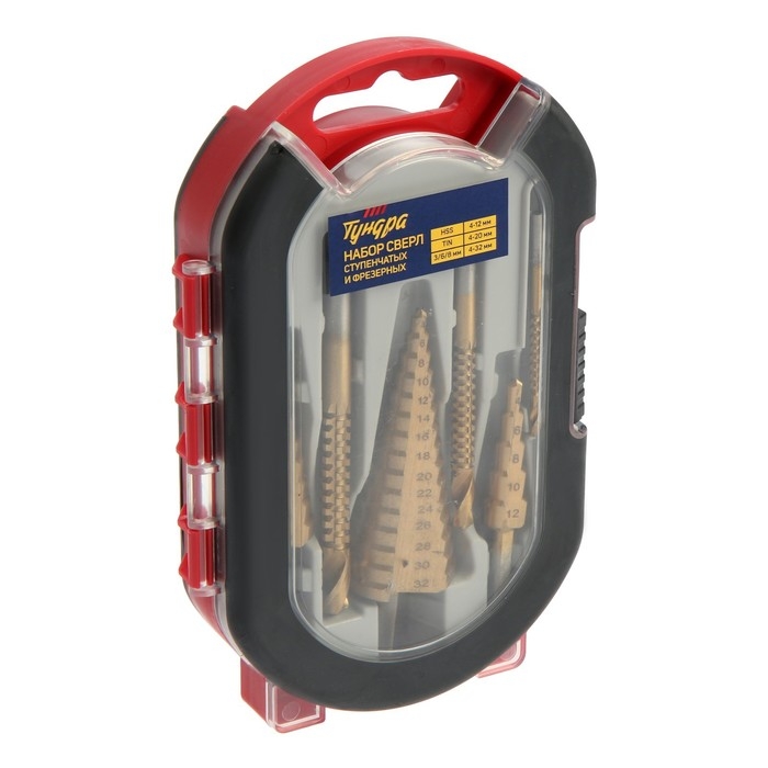 Набор сверл ступенчатых и фрезерных ТУНДРА, HSS, TIN, 4-12 мм, 4-20 мм, 4-32 мм, 3/6/8 мм Набор сверл ступенчатых и фрезерных ТУНДРА, HSS, TIN, 4-12 мм, 4-20 мм, 4-32 мм, 3/6/8 мм