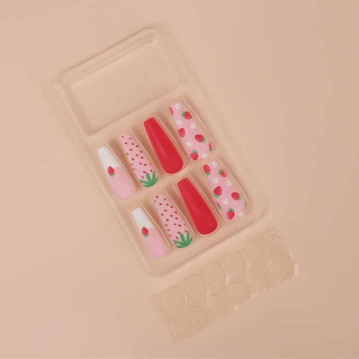 Накладные ногти «Клубничка», 12 шт, с клеевыми пластинами, форма балерина, разноцветные Накладные ногти «Клубничка», 12 шт, с клеевыми пластинами, форма балерина, разноцветные
