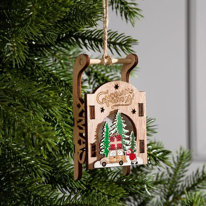 Ёлочная игрушка «Сани с Дедом Морозом и машиной», от батареек, свечение RGB Ёлочная игрушка «Сани с Дедом Морозом и машиной», от батареек, свечение RGB