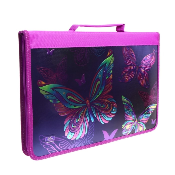 Папка-пенал для труда А4, 340 х 240 х 30 мм, с ручкой, молния вокруг, наполнение 27 предметов, Calligrata,"Бабочки", ламинированный картон (объемный 3D-рисунок с эффектом металлика)