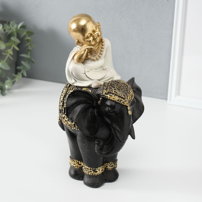Сувенир полистоун  Сувенир полистоун "Маленький весёлый Будда на чёрном слоне" 14х14х26 см