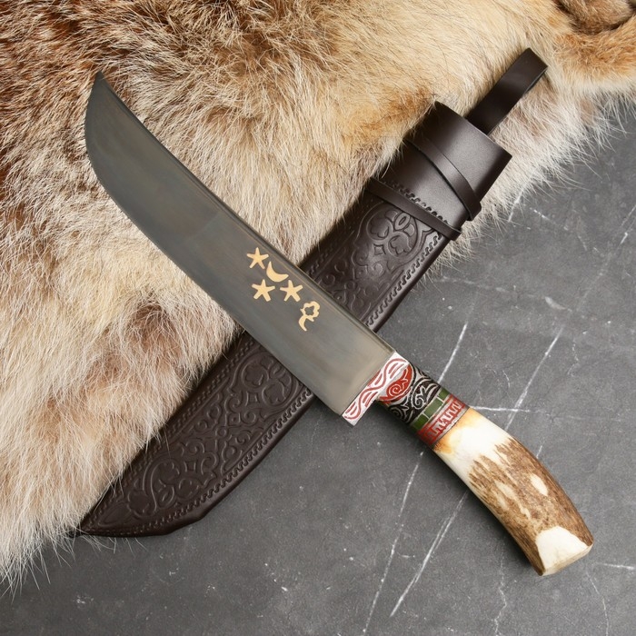 Нож Пчак Шархон - Большой-шеф, косуля, широкая рукоять, гарда олово гравировка. ШХ-15 (20-22 Нож Пчак Шархон - Большой-шеф, косуля, широкая рукоять, гарда олово гравировка. ШХ-15 (20-22