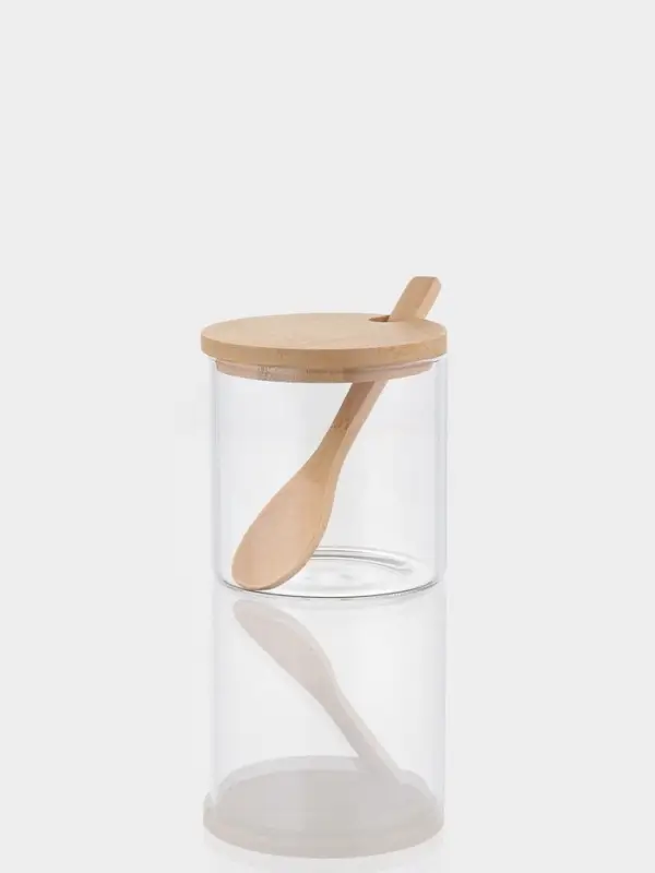 Сахарница Bella Tenero &laquo;Эко&raquo;, 300 мл, 8&times;8&times;8.5 см, с бамбуковой крышкой и ложкой, стекло, прозрачная