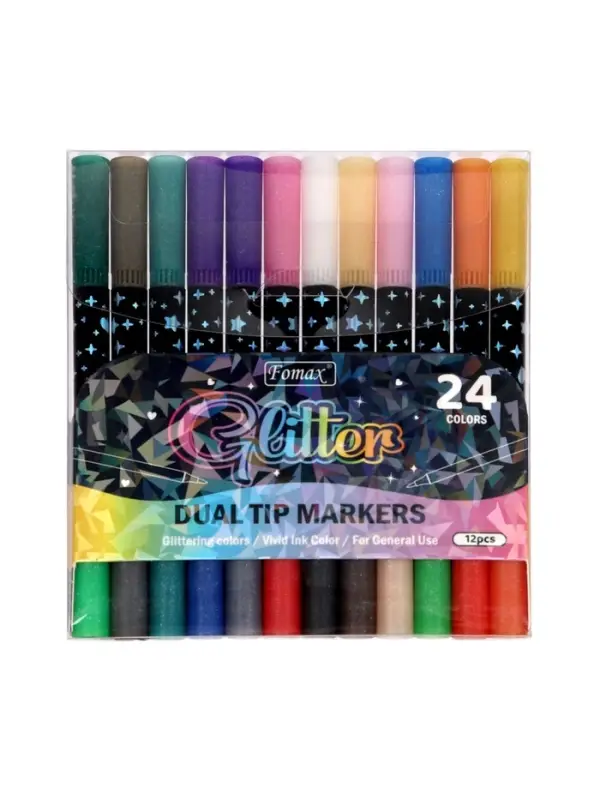 Фломастеры 12 штук, 24 цвета, с блёстками, двусторонние, в пластиковой коробке