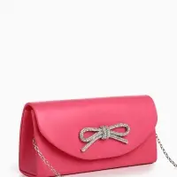 Сумка-клатч женская вечерняя на магните, на длинной цепочке, с декоративным бантом, розовая