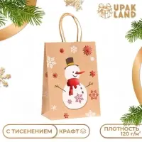 Пакет бумажный подарочный новогодний крафт с тиснением«Снеговик» , 15×21×8 см