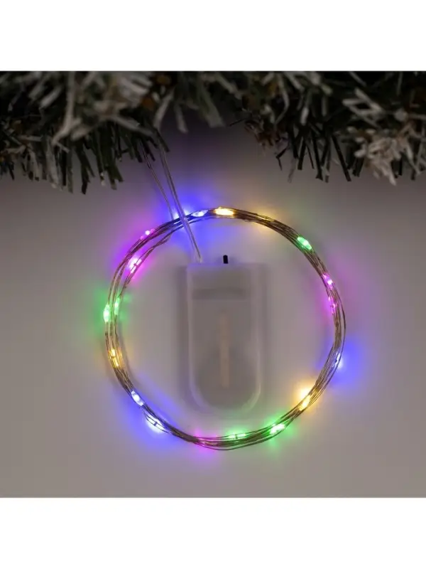 Гирлянда &laquo;Нить&raquo; 2 м роса, IP20, серебристая нить, 20 LED, батарейки CR2032&times;2 (в комплекте), свечение мульти