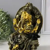 Сувенир полистоун "Ганеша в шароварах, на троне" золотая бронза 11,3х12,2х17,2 см