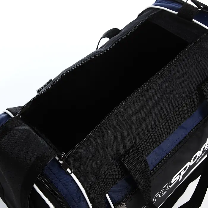 Сумка спортивная на молнии, 3 наружных кармана, длинный ремень, цвет чёрный/синий