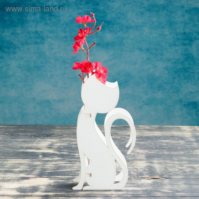 Кашпо деревянное 13×5.2×24.5 см с 1 колбой  Кашпо деревянное 13×5.2×24.5 см с 1 колбой "Кошка", белый Дарим Красиво