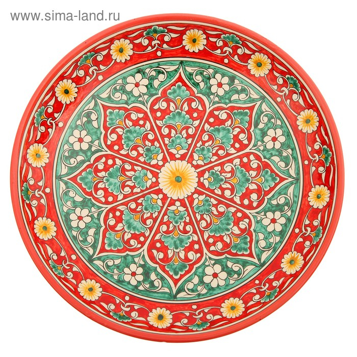 Ляган Риштанская Керамика "Цветы", 31 см, красный