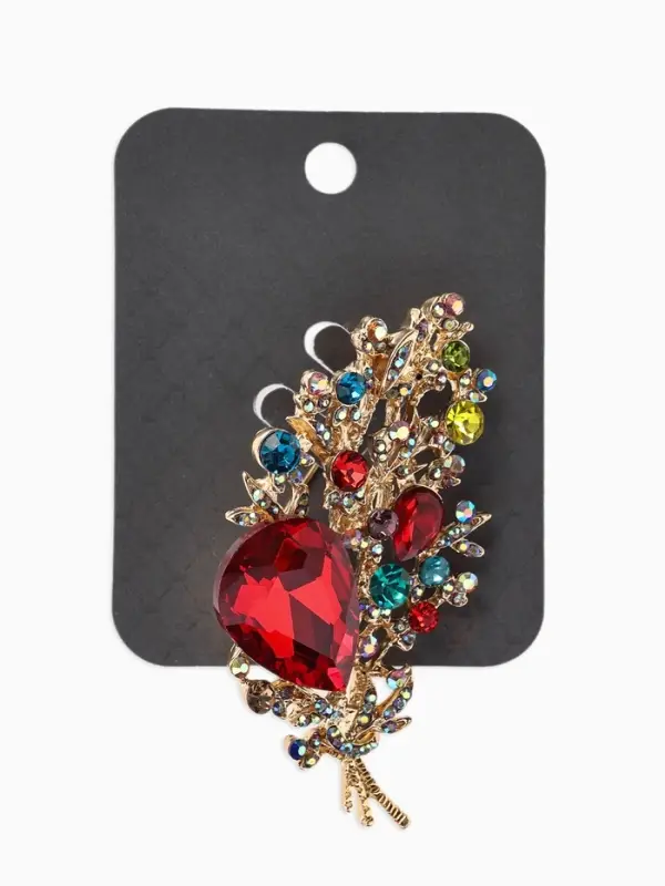 Брошь &laquo;Лист&raquo; осенний, ажур, стразы, цветная в золоте