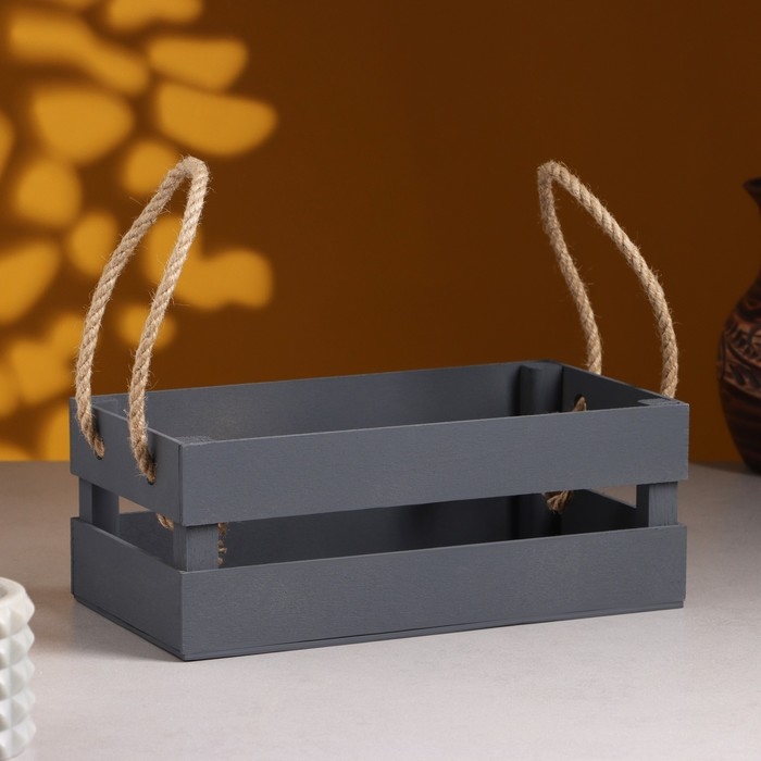 Кашпо деревянное 24.5×13.5×9 см  Кашпо деревянное 24.5×13.5×9 см "Двушка Лайт" реечное, ручка верёвка, серый Дарим Красиво