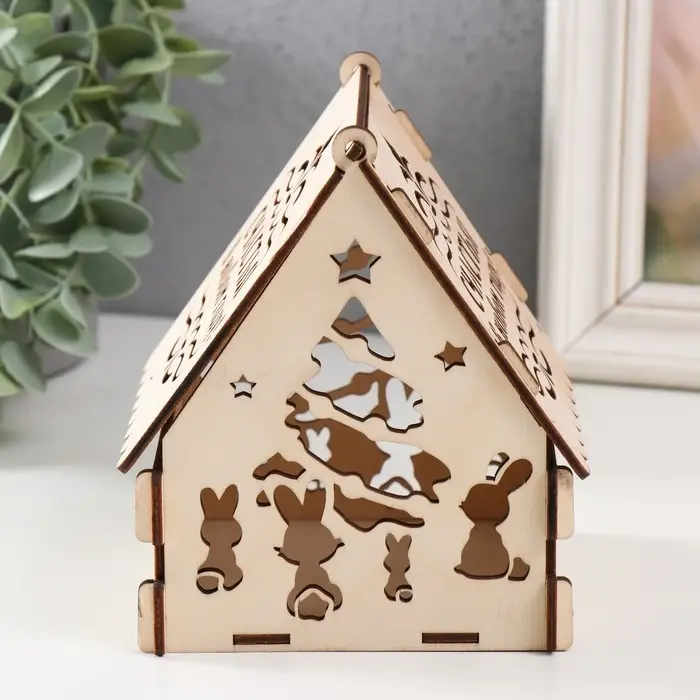 Заготовка новогодняя шкатулка-домик "Зайки" натуральный 12х10х14 см (Новогодний набор 7 деталей) 977