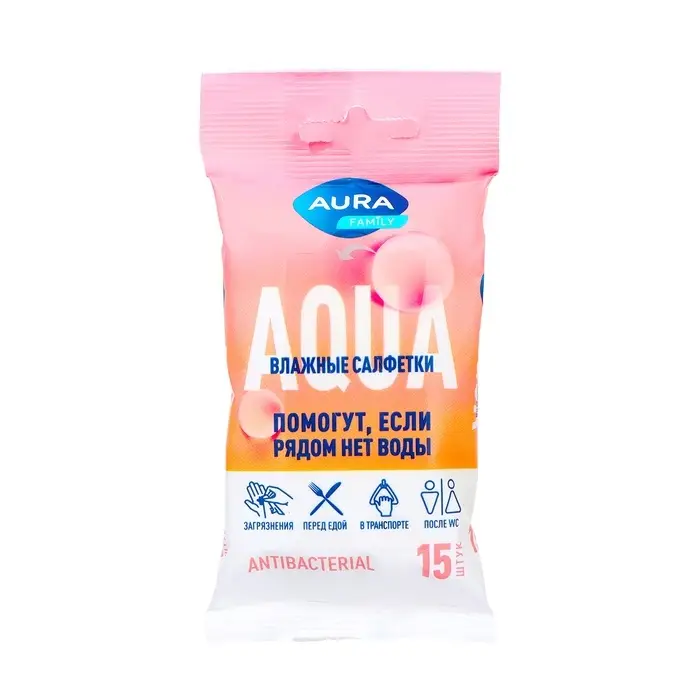 Влажные салфетки Aura Family, c антибактериальным эффектом, 15 шт., микс Влажные салфетки Aura Family, c антибактериальным эффектом, 15 шт., микс