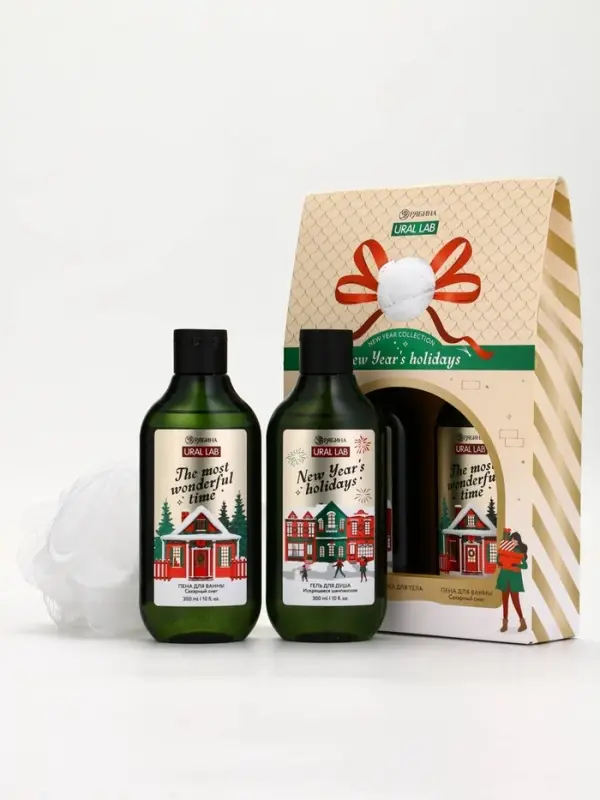 Подарочный набор новогодний: гель для душа, пена для ванны и мочалка, URAL LAB