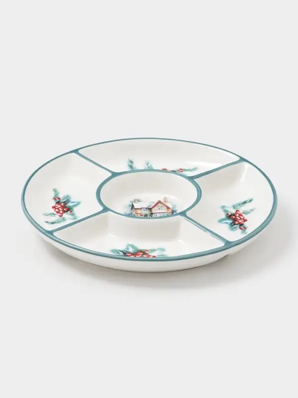 Менажница новогодняя Доляна «Зимний вечер», 5 секций, 25.5×3.1 см, доломит, белая