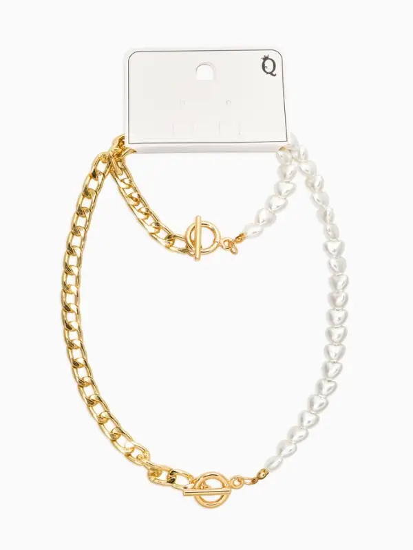 Набор 2 пред-а: колье,браслет "Жемчуг сердце с цепочкой" 18/42, цвет белый в золоте