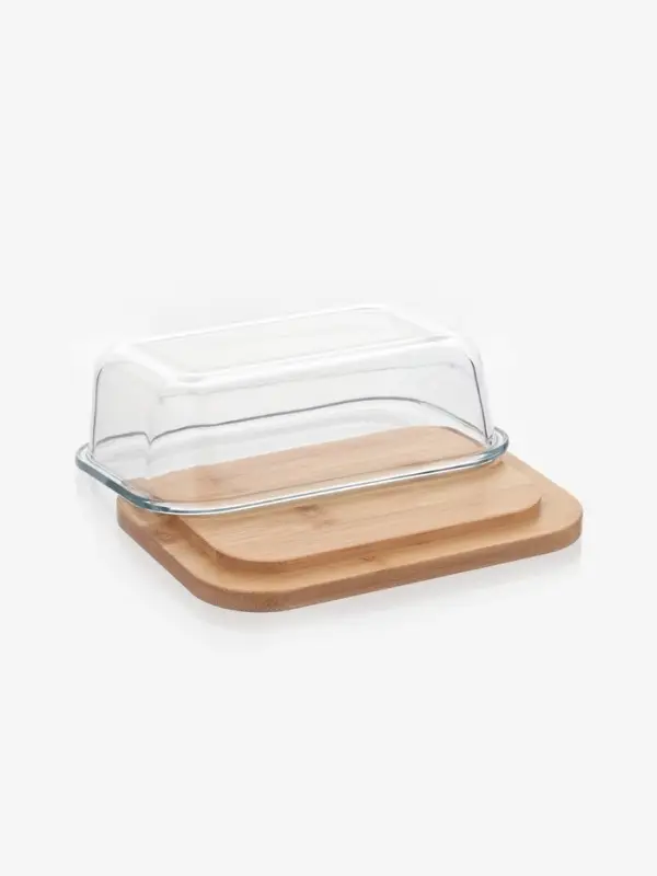 Маслёнка, 17.4&times;13&times;6.5 см, с бамбуковой крышкой-подставкой и ножом, стекло, прозрачная