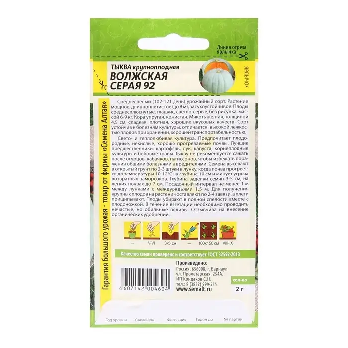 Семена Тыква "Волжская Серая 92", Сем. Алт, ц/п, 2 г