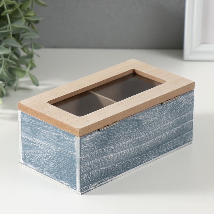 Шкатулка дерево 2 деления  Шкатулка дерево 2 деления "Полевые растения" синяя 8,8х16,2х7 см