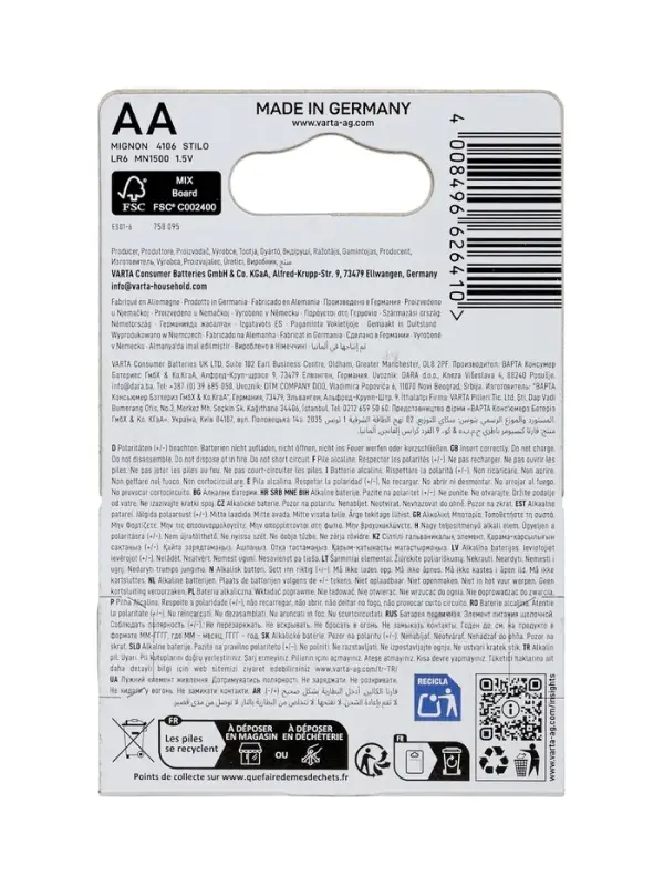 Батарейка алкалиновая Varta Energy, AA, LR6-4BL, 1.5 В, блистер, 4 шт.