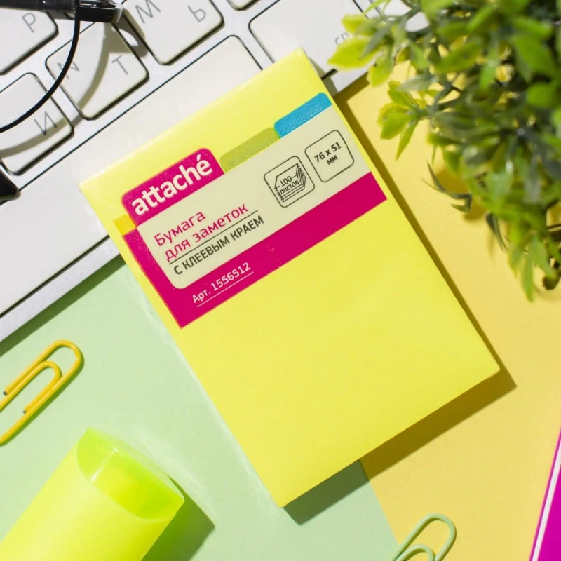 Стикеры Attache с клеев. краем 76х51, неон, желтый 100л