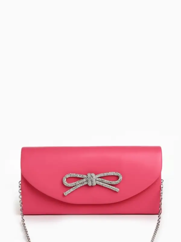 Сумка-клатч женская вечерняя на магните, на длинной цепочке, с декоративным бантом, розовая