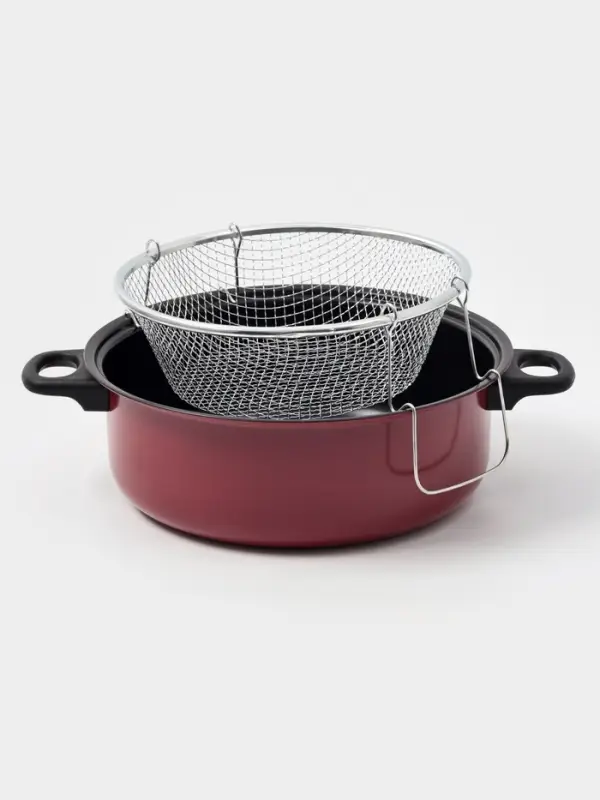 Кастрюля &laquo;Ренард&raquo;, 4 л, d=26 см, с крышкой, сетка фри 26&times;9 см, антипригарное покрытие, углеродистая сталь, красная