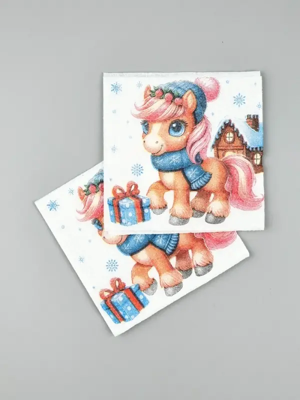 Салфетки бумажные Гармония цвета многоцветие "Лошадка с подарками", 24*24 см 50 листов