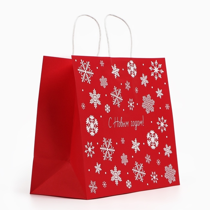Пакет подарочный новогодний «Снежинки», белый крафт, 32 х 28 х 15 см , Новый год