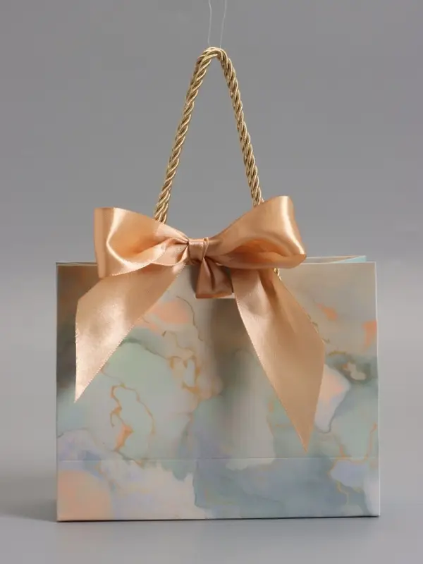 Пакет подарочный "Мрамор" , голубой , с бантиком , 19 х 15 х 7 см