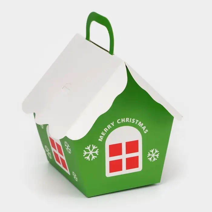 Коробка складная Новогодняя «Домик» зеленая 8.5×8.5×10 см