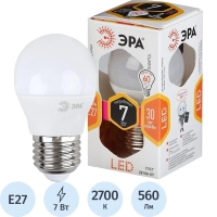 Лампа светодиодная Эра 7W E27 2700k тепл.бел. шар ЭРА smd P45-7W-827-E27