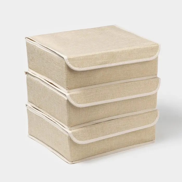 Органайзеры для хранения белья &laquo;Пастель&raquo;, 3 шт., с крышкой, 31.5&times;25&times;10 см, бежевые