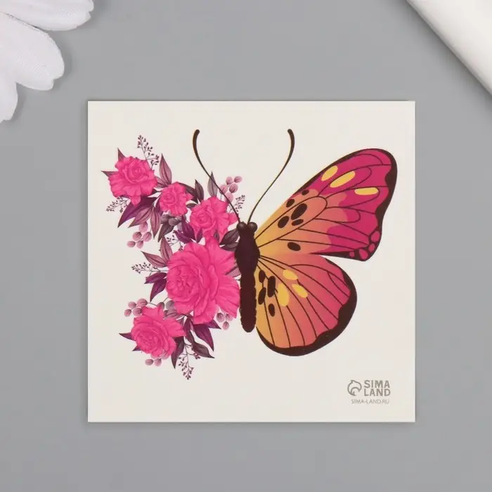 Переводная тату на тело цветная «Бабочка-роза», 6×6 см