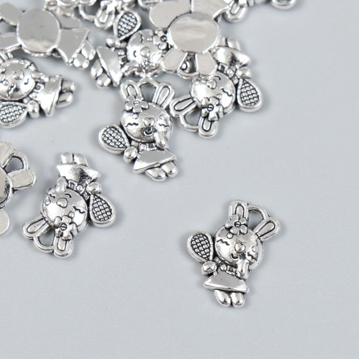 Декор для творчества металл Декор для творчества металл "Зайка с ракеткой" набор 15 шт серебро 1,1х1,5 см