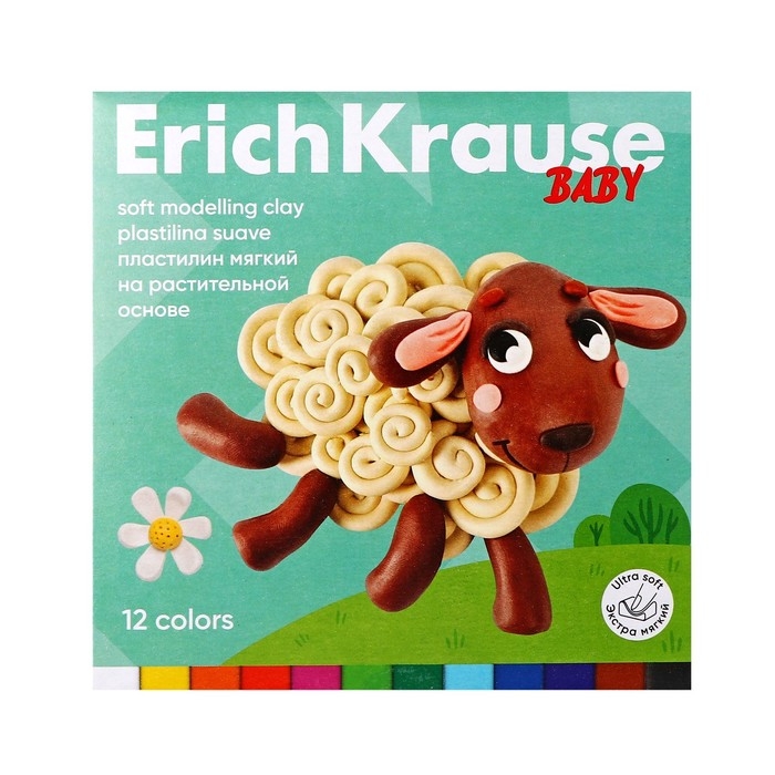 Пластилин мягкий 12 цветов, 240 г, ErichKrause Пластилин мягкий 12 цветов, 240 г, ErichKrause "Baby", со стеком, на растительно основе, с Алоэ Вера , европодвес