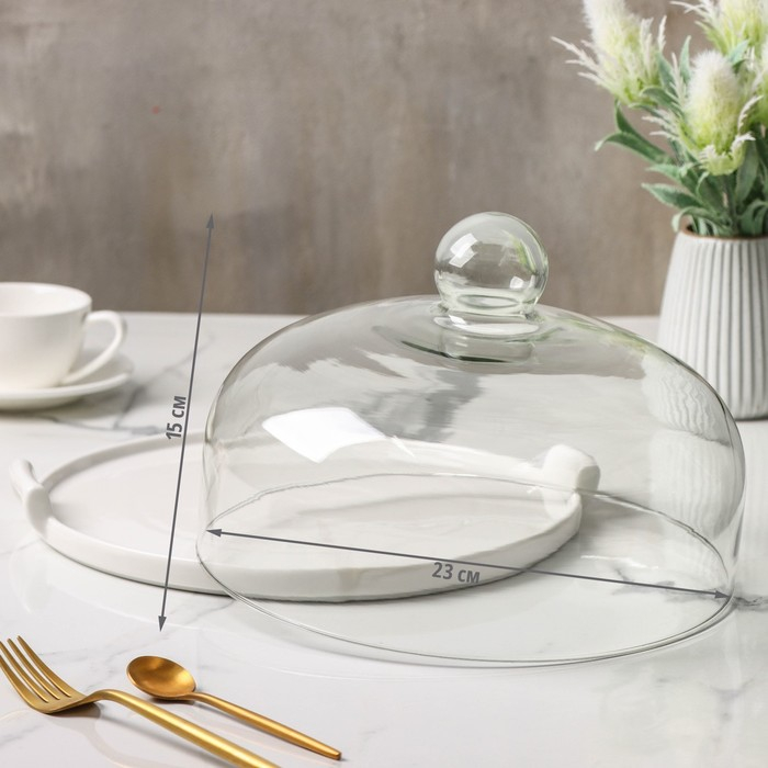 Блюдо керамическое с крышкой-клош для десертов Valencia, 28×25×17 см, цвет белый