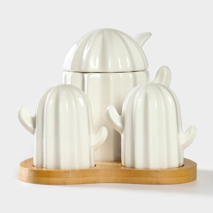 Набор фарфоровый для специй на подставке из бамбука BellaTenero «Кактусы», 12×12,5×10 см, цвет белый Набор фарфоровый для специй на подставке из бамбука BellaTenero «Кактусы», 12×12,5×10 см, цвет белый