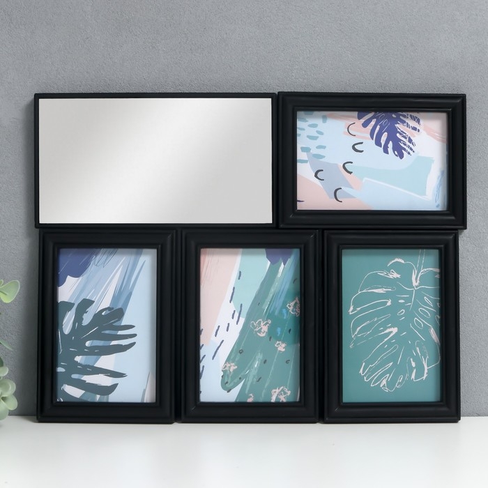 Фоторамка на 4 фото 10х15 см+зеркало  Фоторамка на 4 фото 10х15 см+зеркало "Отражение" чёрная набор 5 шт 31х41 см