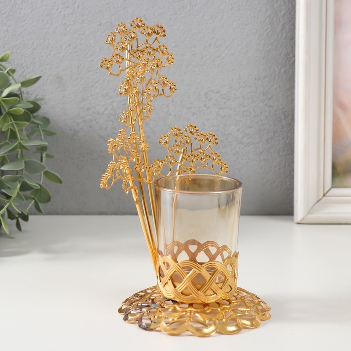 Подсвечник металл, стекло на 1 свечу Подсвечник металл, стекло на 1 свечу "Ветви деревца" d=4,7 см, золото 12,3х13,5х20 см